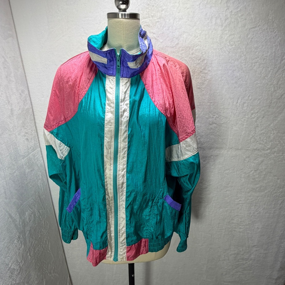 Rock Creek Casuals XL Womens Windbreaker Jacket Vintage Colorblock Teal Pink 90s